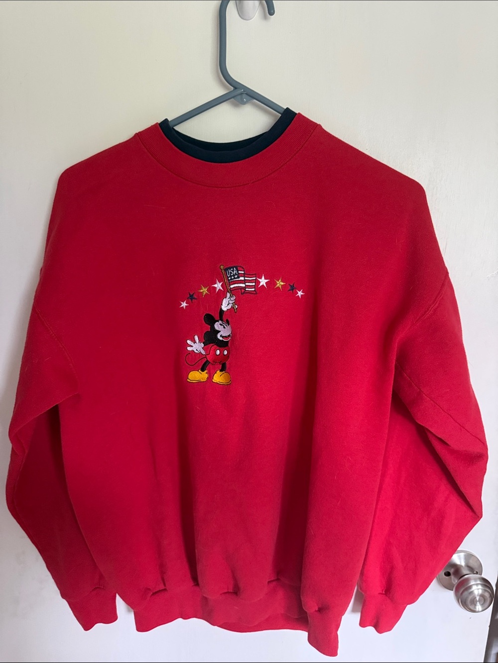 Disney Red Crewneck Sweatshirt with Mickey Flag Graphic